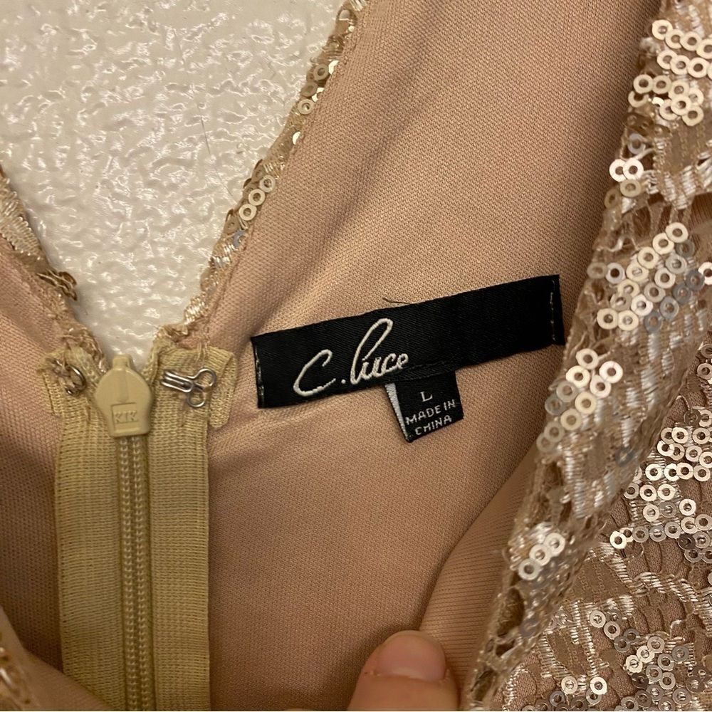 C. Luce Gold champagne all over Sequins formal Dress v neck cap sleeve NYE L - Picture 7 of 15